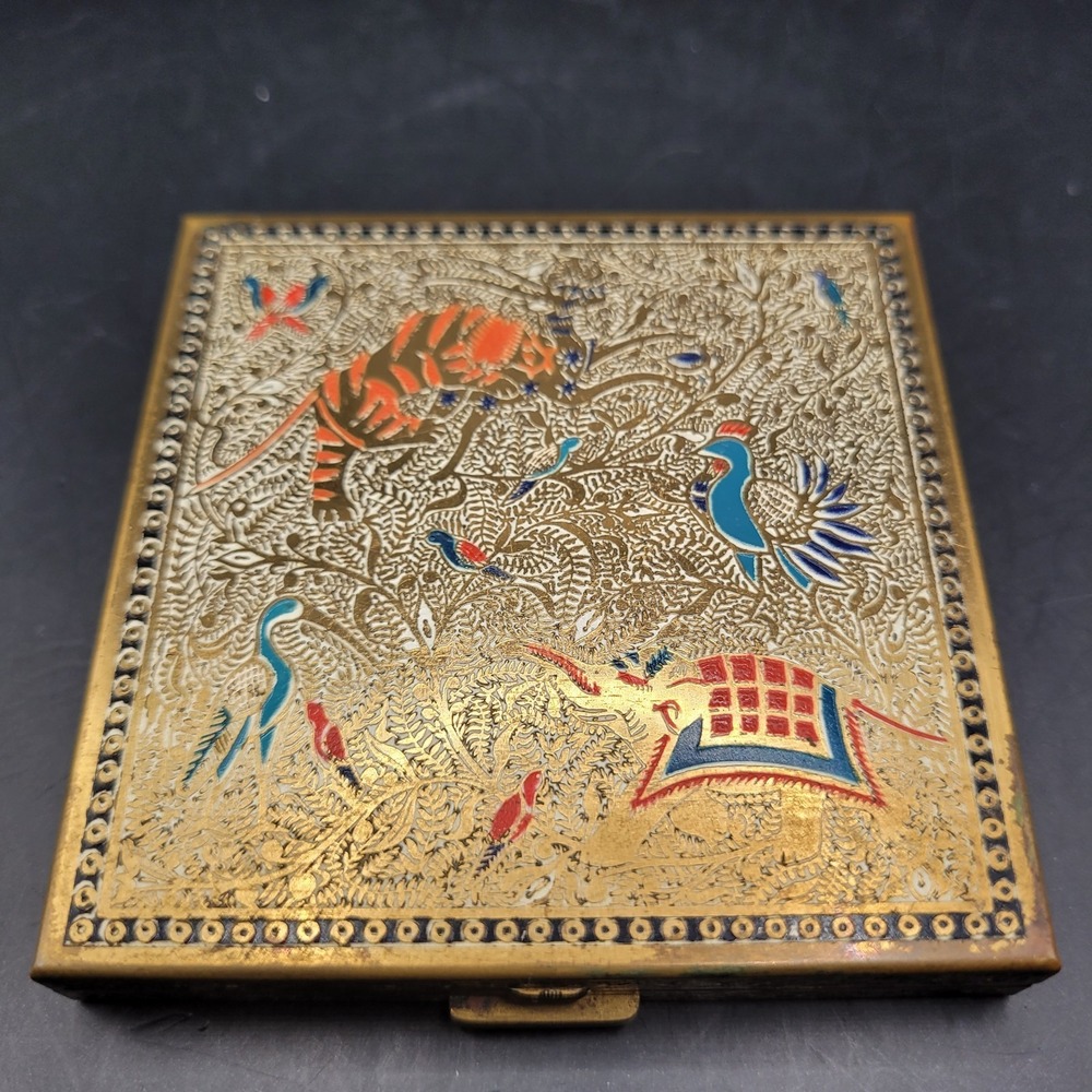 Vtg Volupte Compact Persian Brass Tiger Crane Phoenix Birds Enamel Deco Retro‎